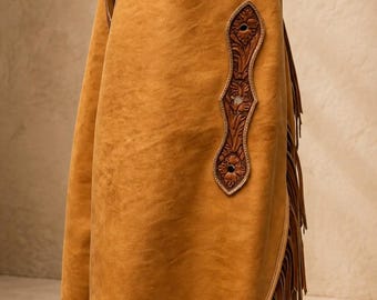 Leather Fringe Chaps, Western Cowgirl Chaps, Suede Riding Chaps for Women, Tooled Leather Western Wear, Rodeo Festival Outfit