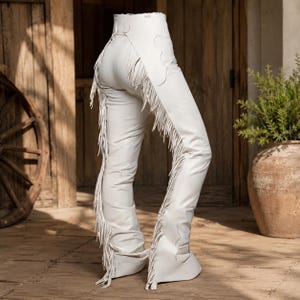 White Leather Fringe Chaps Women, Western Leather Pants, Cowgirl Chaps, Rodeo Outfit, Festival Wear | Vintage Western Club image 1