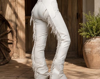 White Leather Fringe Chaps Women, Western Leather Pants, Cowgirl Chaps, Rodeo Outfit, Festival Wear | Vintage Western Club