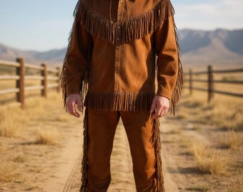 Mens Western Fringe Suit, Cowboy Leather Outfit, Western Suede Set, Ranch Wear, Rodeo Clothing, Country Concert Outfit, Biker Set