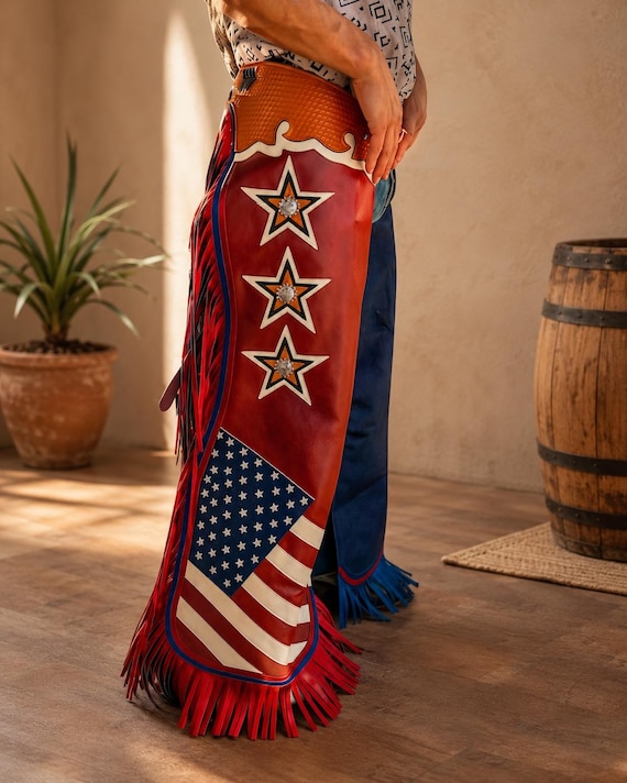 American Flag Leather Chaps | Rodeo Chaps | Western Leather Chaps | Cowboy Chaps | USA Flag Riding Chaps | Fringe Rodeo Gear