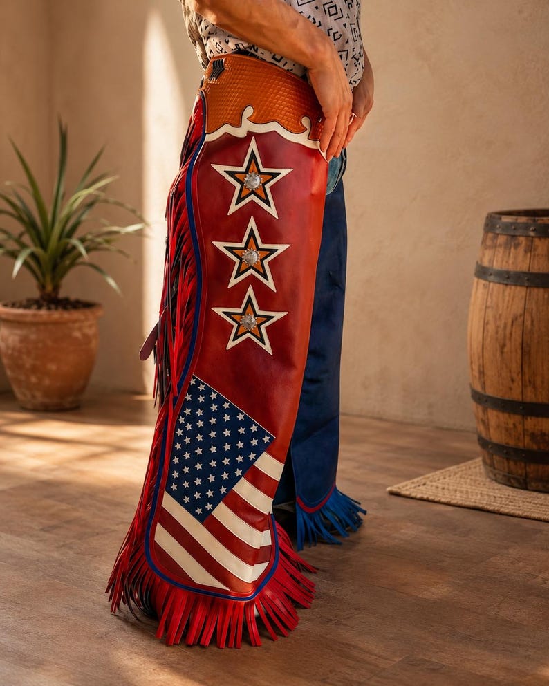 American Flag Leather Chaps | Rodeo Chaps | Western Leather Chaps | Cowboy Chaps | USA Flag Riding Chaps | Fringe Rodeo Gear image 1