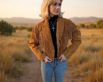 Chaqueta de gamuza con flecos hecha a mano: estilo bohemio occidental de los años 70