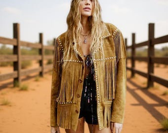 Hand-Studded Leather Fringe Jacket: Western Cowgirl Boho Style