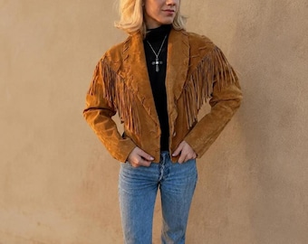 Women’s Suede Fringe Jacket, Western Cowgirl Jacket, Brown Leather Jacket, Vintage Rodeo Coat, Boho Western Fashion