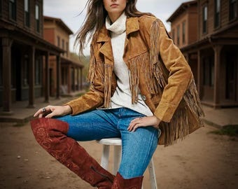 Suede Leather Fringe Western Jacket: Indian Beadwork, Cowgirl Style