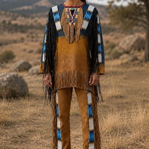 Ursprungskläder i läder för män | Handgjord krigsskjorta med pärlstav och mockafransar och byxor i hjortskinn | Powwow-regalia | Vintage Western Club