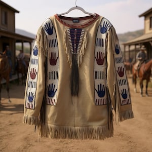 Pode incluir: Camisa de estilo nativo americano cor bege com franjas e contas em forma de mãos vermelhas, azuis e prateadas. A camisa tem uma gola marrom e um painel decorativo com franjas e contas. O fundo mostra uma cidade do oeste.