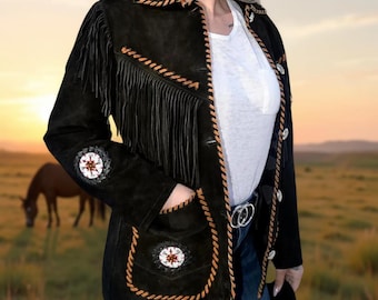 Suede Leather Fringe Western Coat: Indian Beadwork, Cowgirl Style