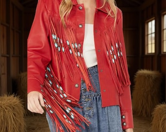 Leather Fringe Cowgirl Jacket: Bone Bead Detail, Western Boho Style