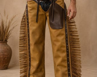 Men's Western Leather Chaps, Fringe Cowboy Riding Chaps, Suede Rodeo Chaps, Ranch Wear, Handmade Custom Chaps
