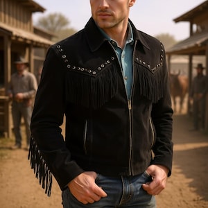 May include: Black suede jacket with fringe detailing across the chest and sleeves. The jacket features a zipper closure and decorative metal studs. The jacket is worn with a light blue shirt and blue jeans, creating a Western-inspired look.