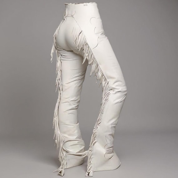 White Leather Cowgirl Chaps: Western Fringe Rodeo Outfit