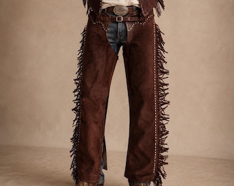 Chaparreras de cuero estilo western para hombre, chaparreras vaqueras con flecos, chaparreras para rodeo, ropa western hecha a mano, chaparreras vaqueras personalizadas