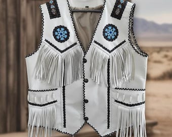 Gilet in pelle bianca con frange, stile western da cowboy, abbigliamento da motociclista e rodeo ricamato