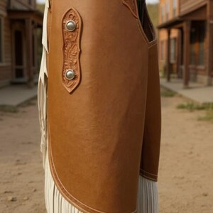 May include: Brown leather chaps with decorative floral tooling along the top edge and silver-tone button accents. The chaps feature long, cream-colored fringe along the bottom edge, and are designed for riding.