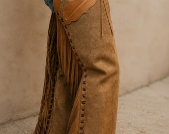 Men's Brown Leather Western Chaps, Fringe Cowboy Riding Chaps, Custom Suede Chaps, Handmade Rodeo Ranch Gear