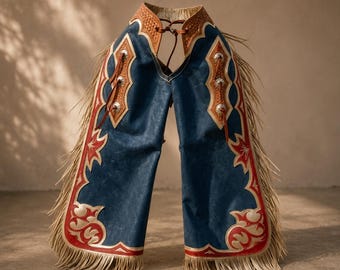 Vintage Western Club Handmade Leather Cowboy Chinks  Fringed Rodeo Chaps | Horse Riding Chinks Leather Chaps for Men & Women