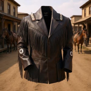 Könnte beinhalten: Dunkelbraune Lederjacke mit Fransen an Brust, Ärmeln und Rücken. Die Jacke hat dekorative Perlen an den Schultern und eine Knopfleiste. Ein Kleidungsstück im Western-Stil.