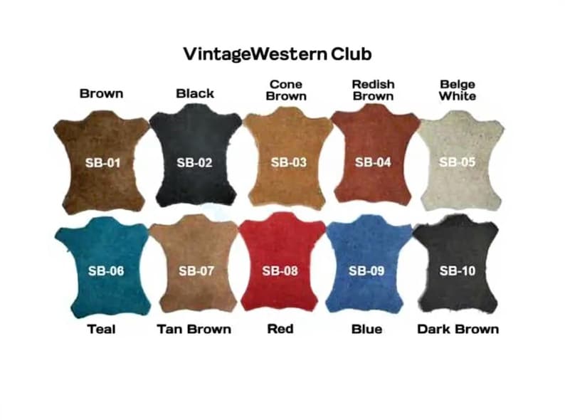 May include: A color chart from Vintage Western Club, featuring samples of leather in various colors. Colors include brown, black, cone brown, reddish brown, beige white, teal, tan brown, red, blue, and dark brown. Each sample is labeled with a color name and a code.
