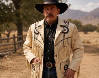 Cowboy Jacket Men, Western Fringe Jacket, Cream Suede Leather Coat, Rodeo Wear, Ranch Outfit | Vintage Western Club