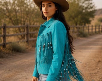 Turquoise Fringe Leather Jacket Women, Western Suede Jacket, Cowgirl Fringe Coat, Rodeo Outfit, Country Concert Jacket |Vintage Western Club