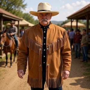 Op de afbeelding: Een bruin suède jasje met franjes en zilveren knopen, gedragen over een zwart overhemd. Een crèmekleurige cowboyhoed maakt de look compleet. De setting lijkt een buitenevenement te zijn.