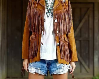 Leather Fringe Cowgirl Jacket: Bone Bead Detail, Western Boho Style