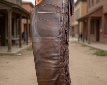 Handmade Leather Chinks: Western Fringe Chaps with Tooled Design