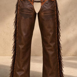 May include: Dark brown leather chaps featuring long fringe along the outer legs, a lighter tan woven leather waistband, and adjustable metal buckles at the waist and front closure. The design includes decorative stitching and reinforced panels.