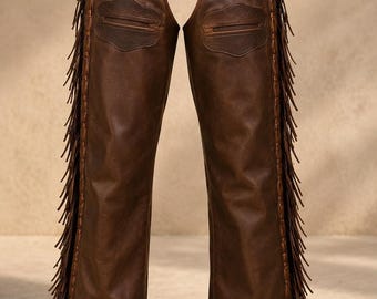 Chaparreras vaqueras de cuero marrón para hombre, chaparreras vaqueras con flecos, chaparreras de rodeo personalizadas, equipo vaquero hecho a mano.