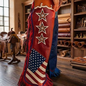 May include: Leather chaps featuring a red, white, and blue American flag design on the lower section, three white star appliqu&eacute;s with metallic centers along the side, a textured orange upper panel, and long red fringe trim along the outer leg.