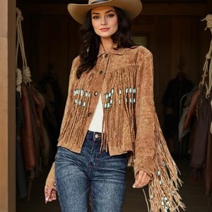 Handmade Suede Leather Fringe Jacket with Beads, Western Wear Bohemian Suede Jacket, Cowgirl Leather Fringe Jacket, Boho Style Outfit