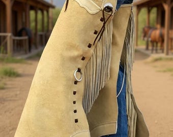 Chinks western in pelle scamosciata fatti a mano: pantaloni da equitazione in stile cowboy con frange