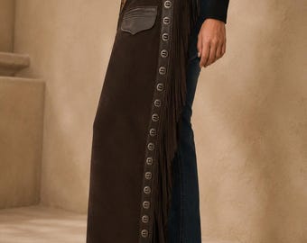 Women’s Leather Chaps, Western Fringe Chaps, Cowgirl Riding Chaps, Tooled Leather Western Wear, Rodeo & Country Outfit