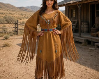 Boho Western Fringe Dress for Women, Long Cowgirl Maxi Dress, Southwestern Festival Outfit, Vintage Western Club Clothing