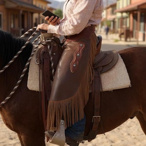 May include: A person on horseback wearing brown leather chaps with fringe, a light-colored patterned shirt, and a brown leather saddle. The horse is brown, and the scene is set in a Western town.