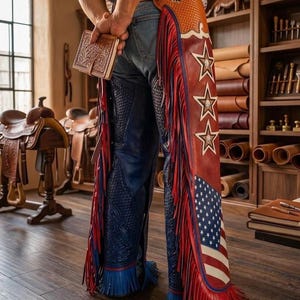 May include: Leather chaps featuring a blue embossed pattern on the right leg and a red, white, and blue American flag design on the left leg. The left leg includes three white stars with metallic centers and long red fringe along the side.