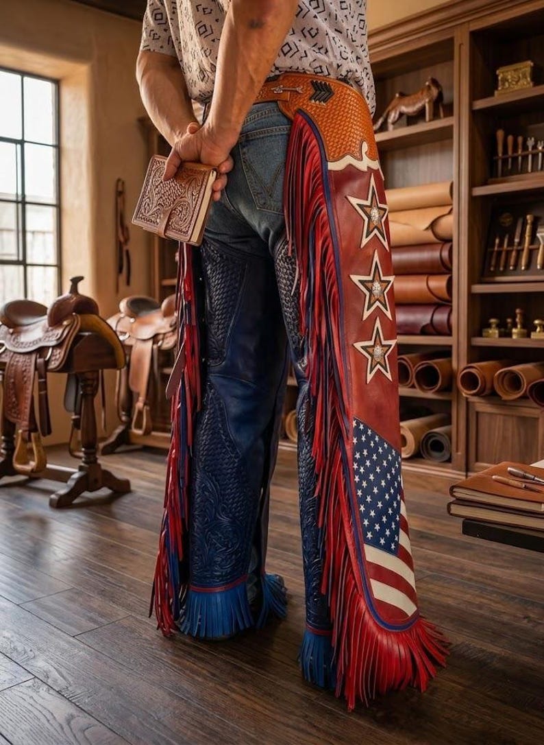 May include: Leather chaps featuring a blue embossed pattern on the right leg and a red, white, and blue American flag design on the left leg. The left leg includes three white stars with metallic centers and long red fringe along the side.