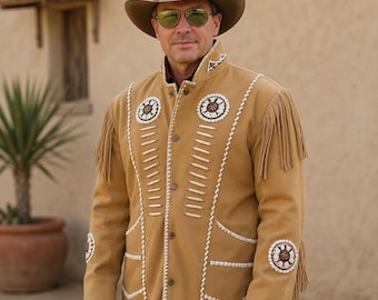 Men's Suede Fringe Jacket, Western Cowboy Jacket, Beaded Leather Coat, Rodeo Outfit, Vintage Fringe Jacket, Western Wear