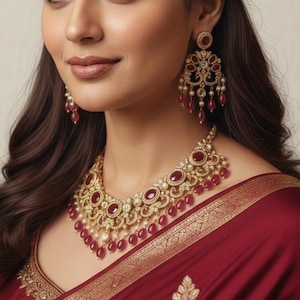 May include: A woman wearing a ruby and gold necklace and matching earrings. The jewelry is set against a deep red sari with gold trim. The woman has dark hair and is looking to the side.
