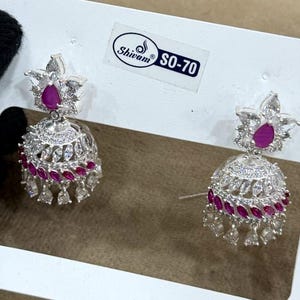 Ruby Jhumka Earrings: Silver Plated Indian Jewelry, White Crystal Dangles