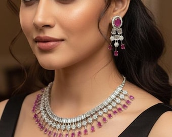 Ruby Choker Necklace & Earrings: Silver CZ Bridal Jewelry Set