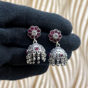 Traditional Silver-Plated Jhumka Earrings with Ruby Red Stones | Ethnic Indian Jewelry | Oxidized Dome Earrings for Women