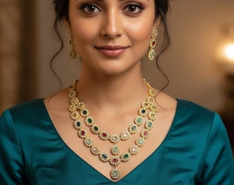 Royal Navratna Necklace Set: 22K Gold Plated Indian Bridal Jewelry