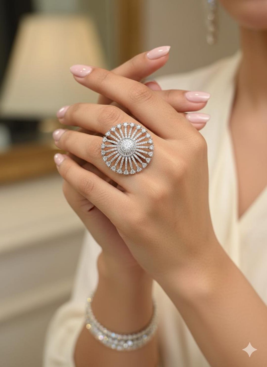 Diamond Look Rings Radiant Sparkle Ring • Silver Sunburst Cocktail Band • Big Statement ...
