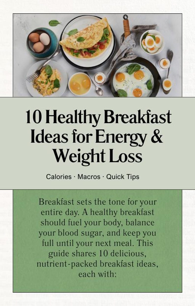May include: A top-down view of a variety of breakfast dishes, including omelets, scrambled eggs, and fried eggs. The image is accompanied by text that reads "10 Healthy Breakfast Ideas for Energy & Weight Loss."