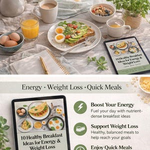 May include: A table setting featuring a healthy breakfast spread. Includes a plate with avocado toast and eggs, a glass of orange juice, and a tablet displaying "10 Healthy Breakfast Ideas for Energy & Weight Loss". The text "Start Your Day Healthy & Energized" is at the top.