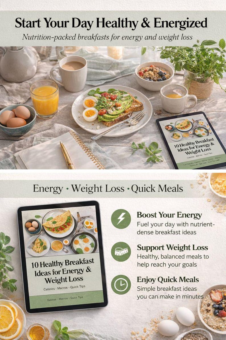 May include: A table setting featuring a healthy breakfast spread. Includes a plate with avocado toast and eggs, a glass of orange juice, and a tablet displaying "10 Healthy Breakfast Ideas for Energy & Weight Loss". The text "Start Your Day Healthy & Energized" is at the top.