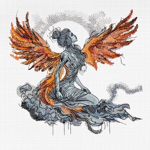 May include: An embroidery design featuring a figure with large, detailed orange and red wings, seated on a dark, textured cloud formation. The figure has long hair tied in a bun and is rendered in shades of gray, with a circular halo behind.